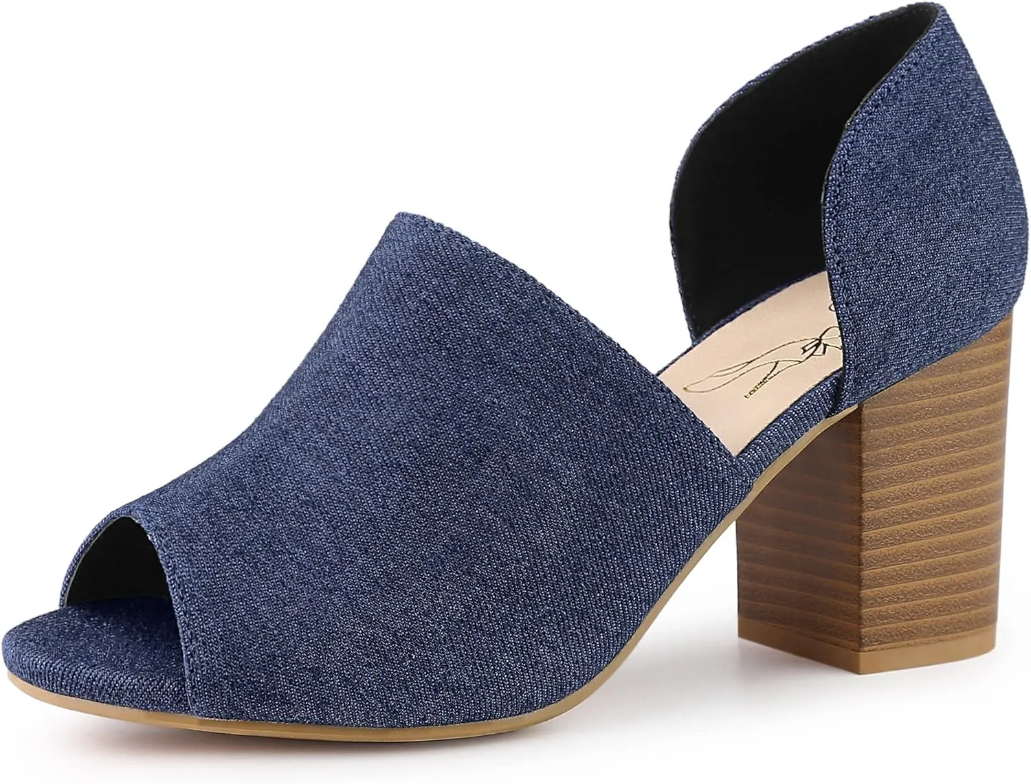 Perphy Denim Peep Toe Chunky Heels Wide Heel Slide Mules