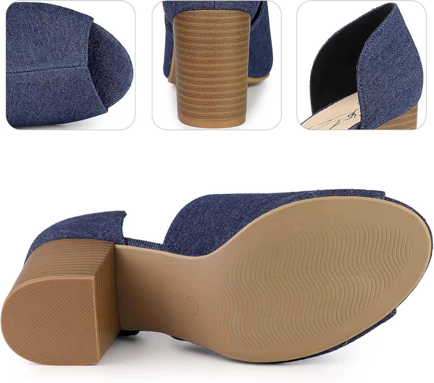 Perphy Denim Peep Toe Chunky Heels Wide Heel Slide Mules