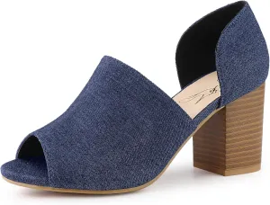 Perphy Denim Peep Toe Chunky Heels Wide Heel Slide Mules