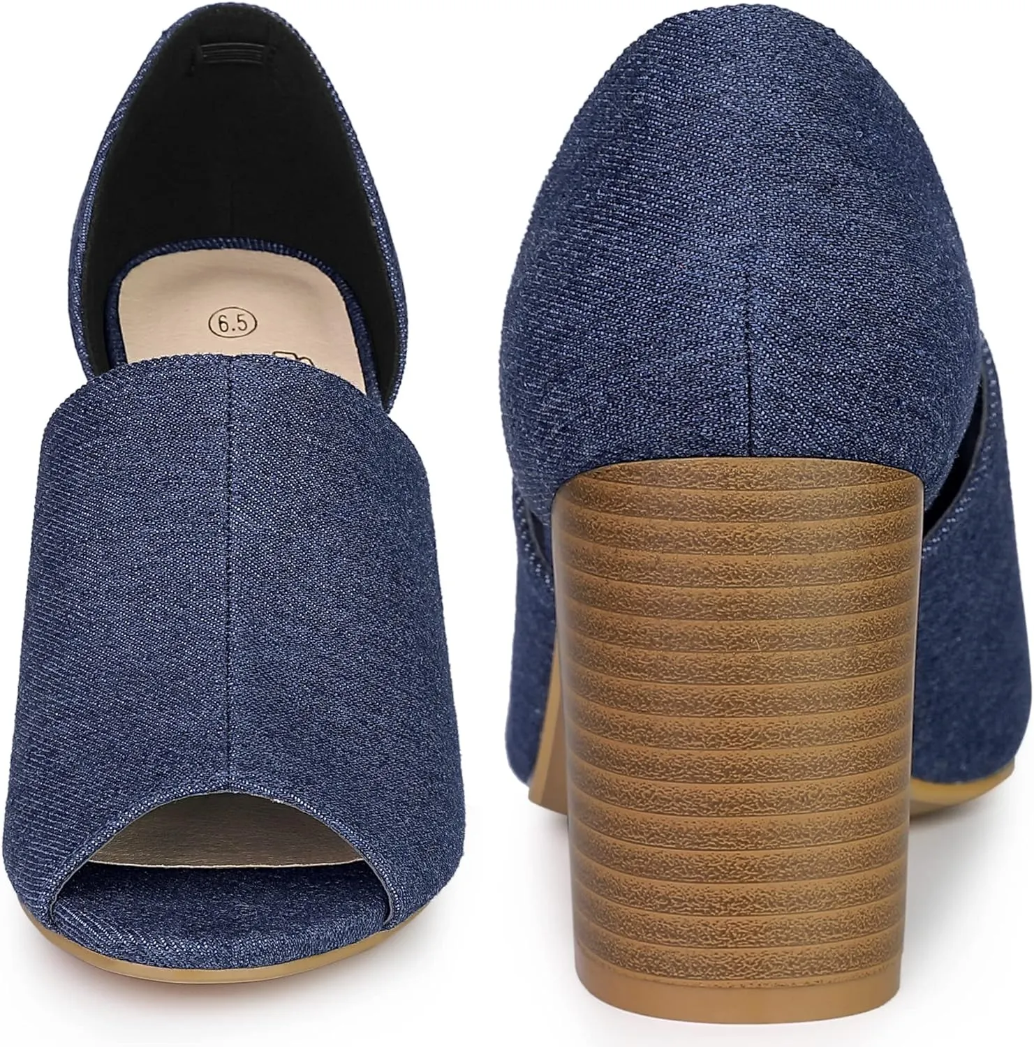 Perphy Denim Peep Toe Chunky Heels Wide Heel Slide Mules