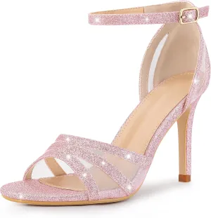 Perphy Glitter Heel Ankle Strap Stiletto Heels Pumps Sandals for Women