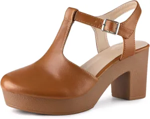 Perphy Platform T-Strap Shoes Chunky Heels Mules Sandals for Women