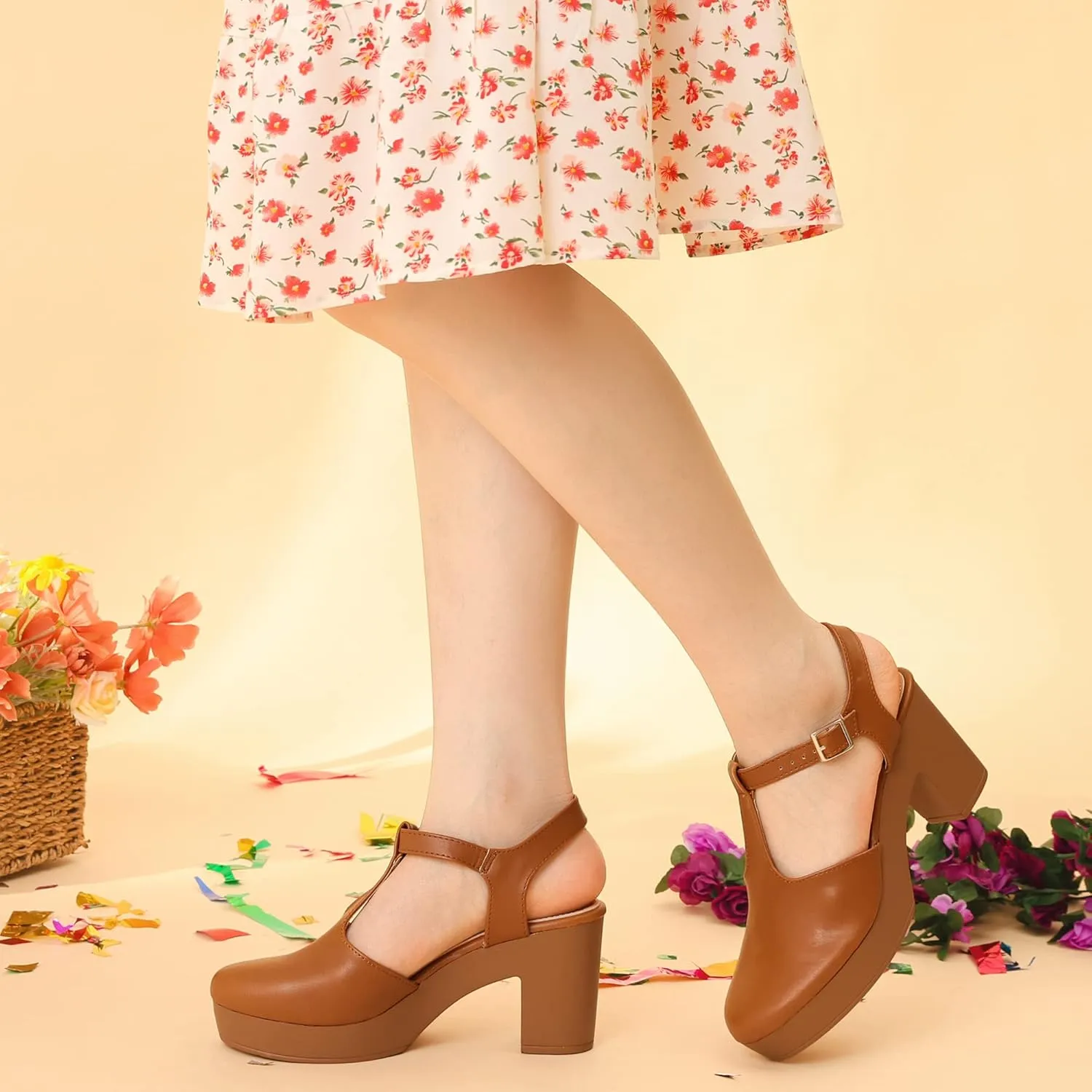 Perphy Platform T-Strap Shoes Chunky Heels Mules Sandals for Women