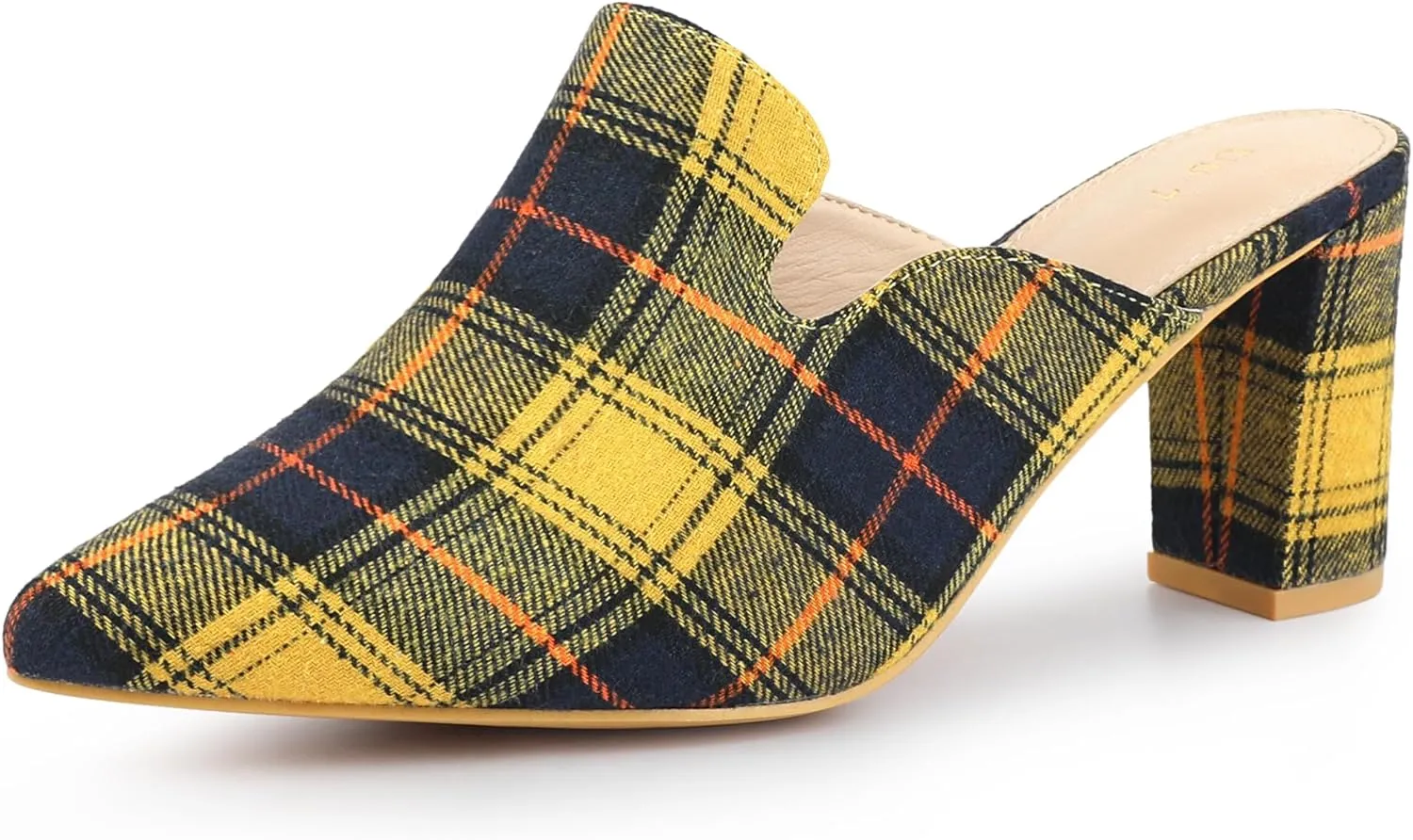 Perphy Pointed Toe Slip on Chunky Heels Houndstooth Slide Mules for Women