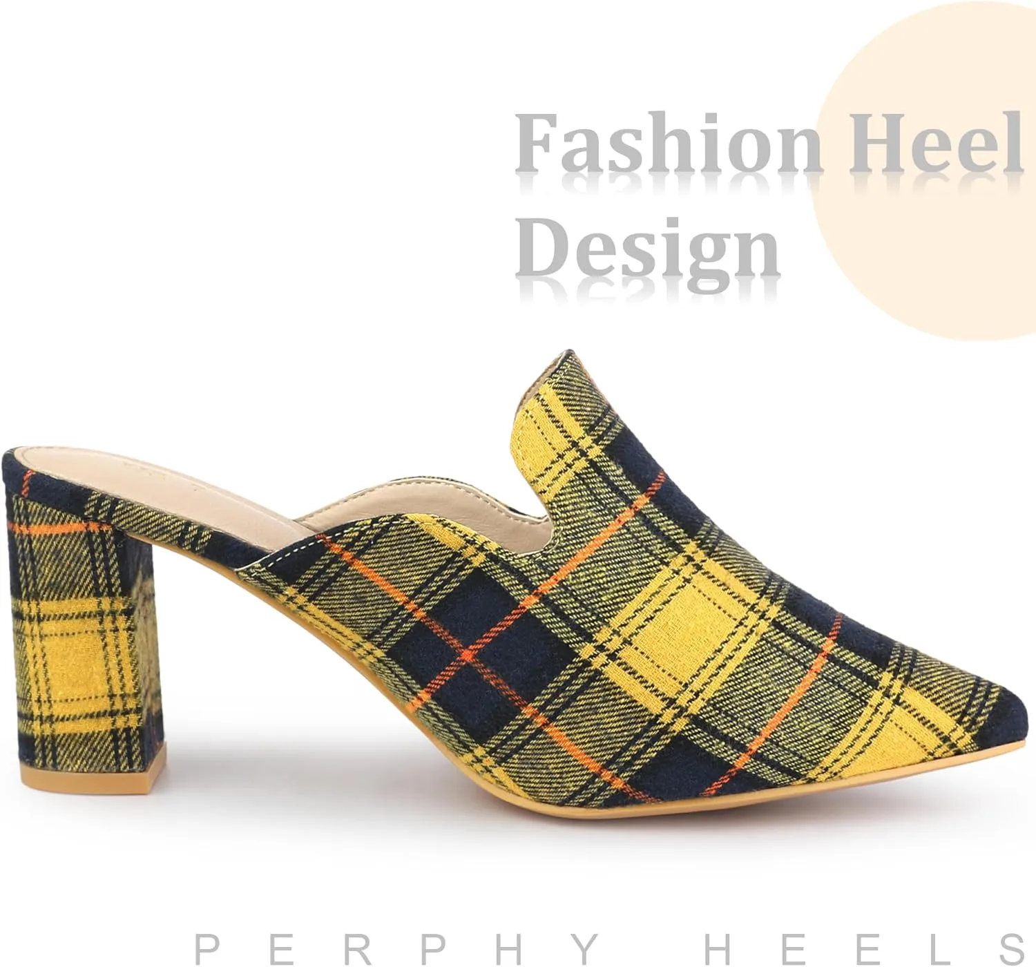 Perphy Pointed Toe Slip on Chunky Heels Houndstooth Slide Mules for Women