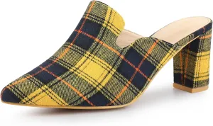 Perphy Pointed Toe Slip on Chunky Heels Houndstooth Slide Mules for Women