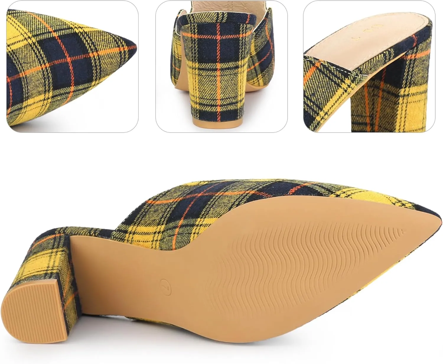Perphy Pointed Toe Slip on Chunky Heels Houndstooth Slide Mules for Women
