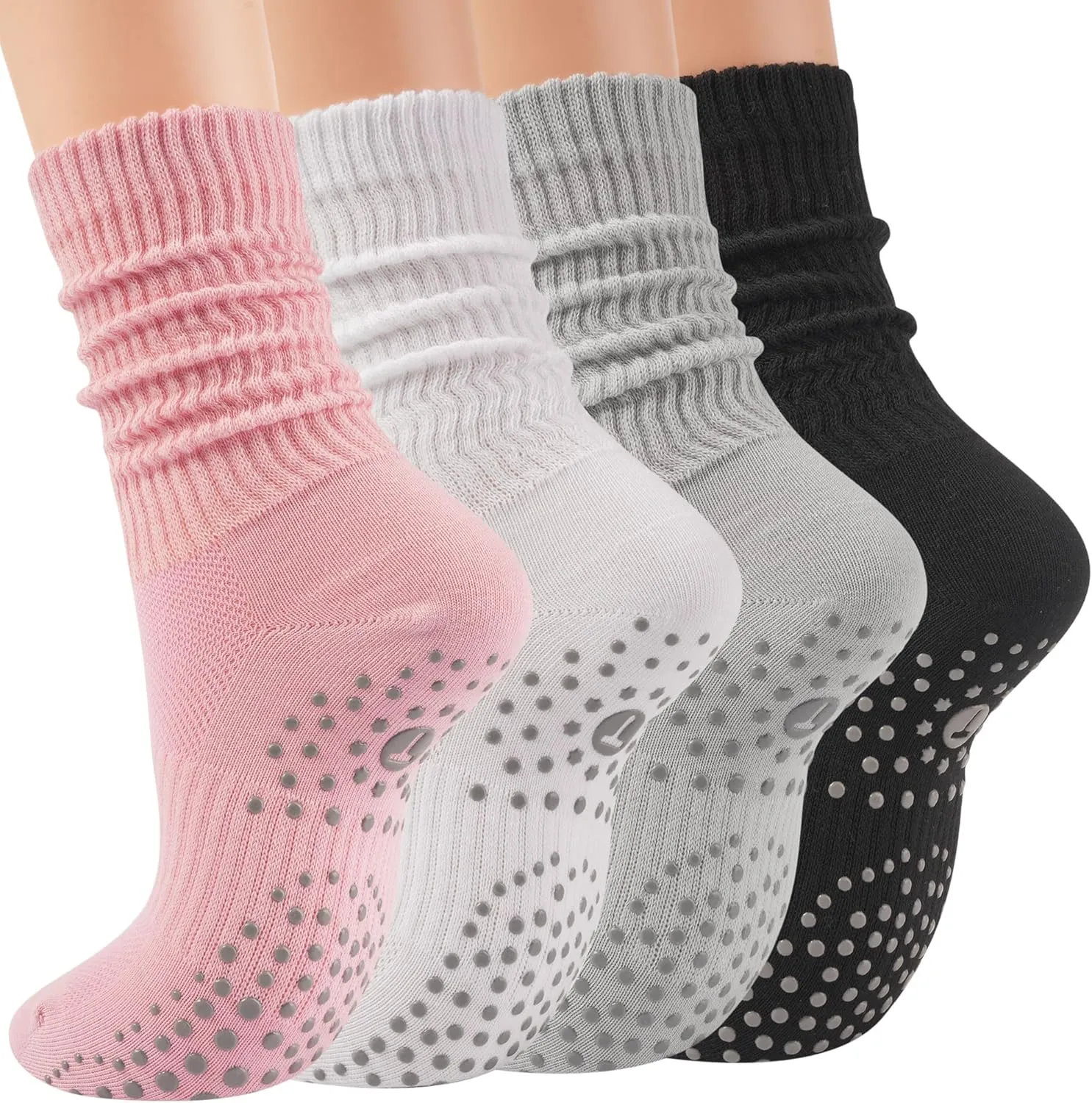 Pilates Slouch Crew Socks for Women, Grip Yoga Socks with Non Slip Grippers for Barre Ballet Dance Hospital Workout
