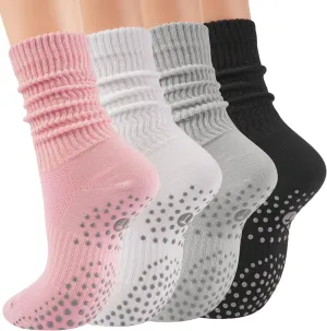Pilates Slouch Crew Socks for Women, Grip Yoga Socks with Non Slip Grippers for Barre Ballet Dance Hospital Workout
