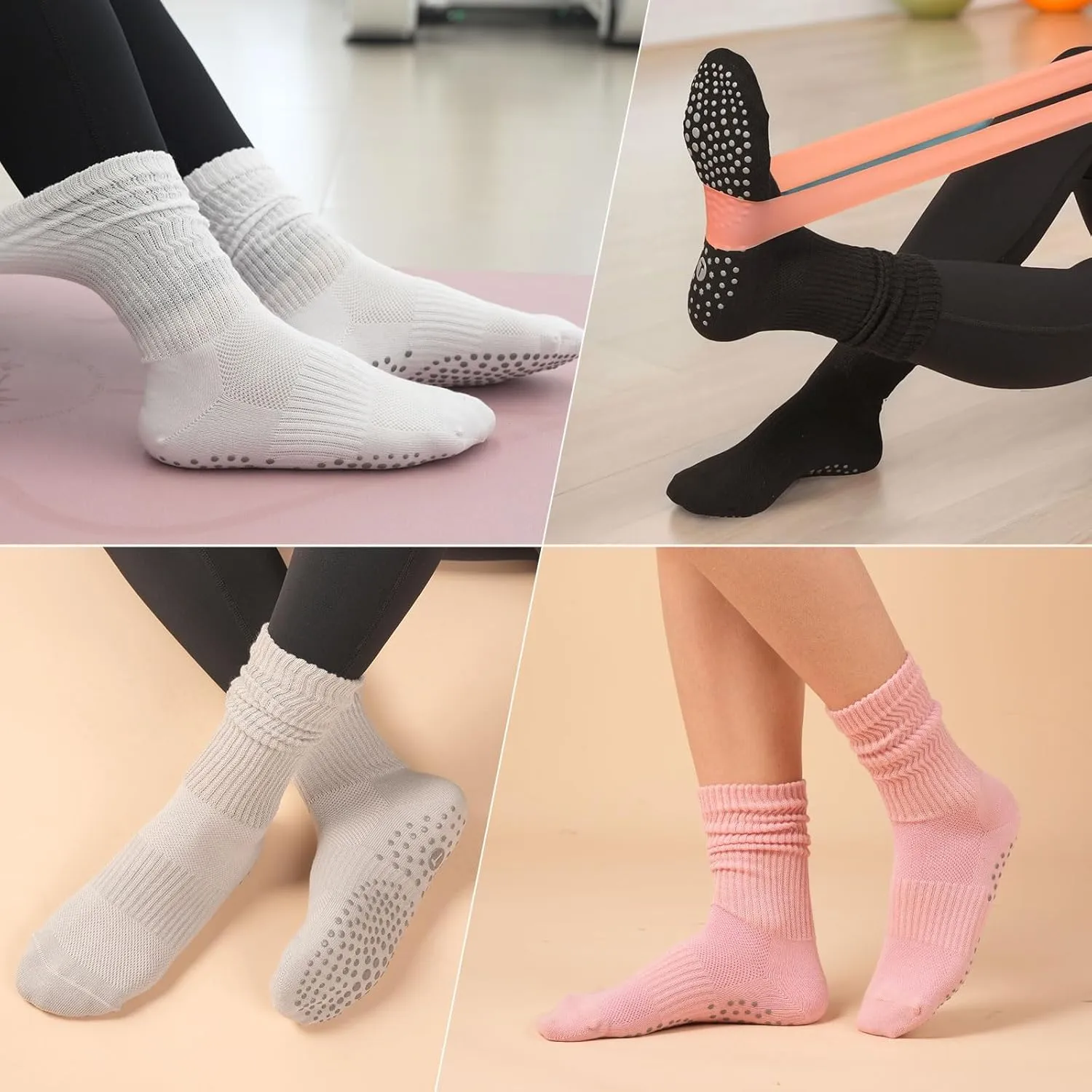 Pilates Slouch Crew Socks for Women, Grip Yoga Socks with Non Slip Grippers for Barre Ballet Dance Hospital Workout