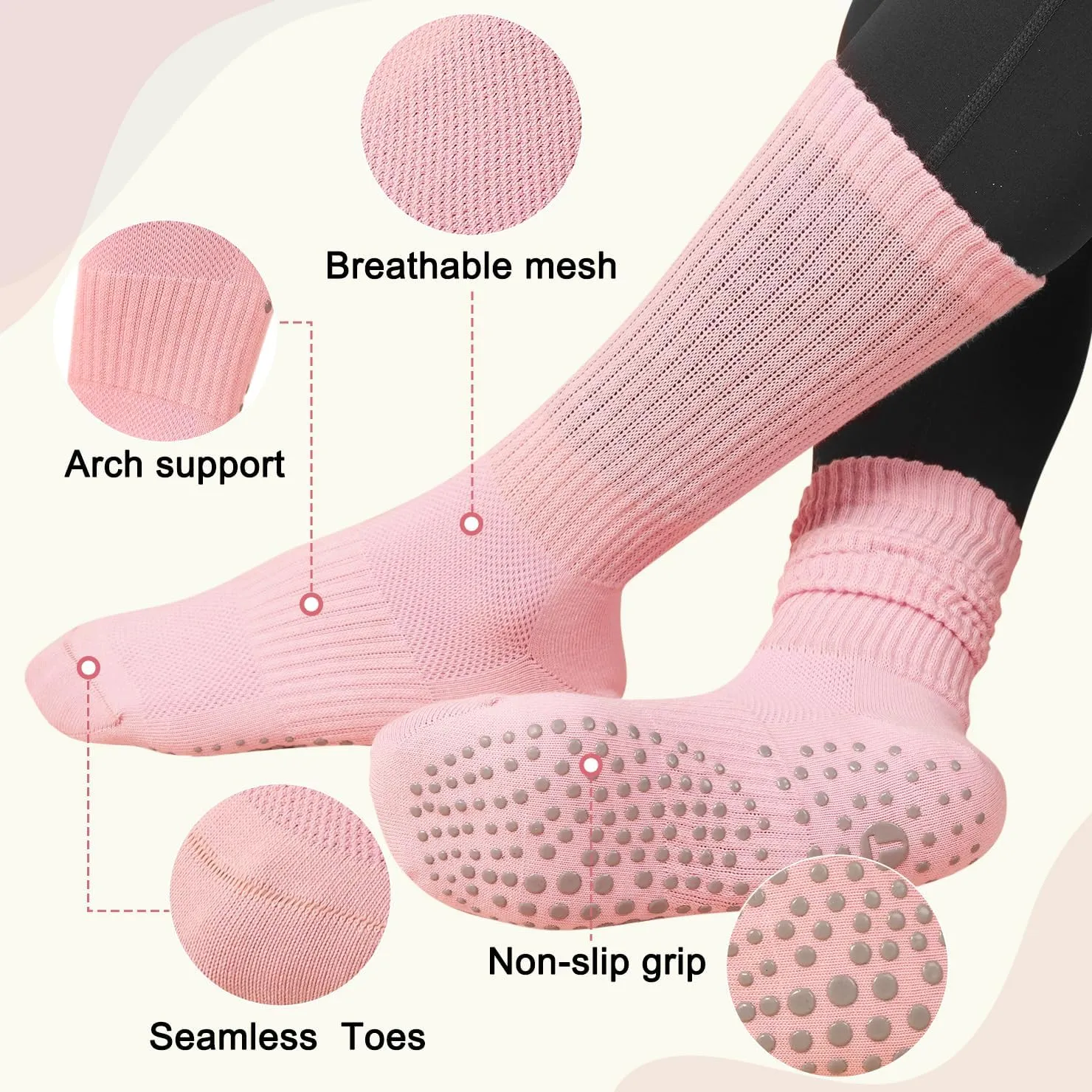 Pilates Slouch Crew Socks for Women, Grip Yoga Socks with Non Slip Grippers for Barre Ballet Dance Hospital Workout