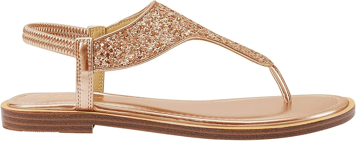 PIZZ ANNU Women's Flat Sandals Elastic Strappy Thong Ankle Strap Summer Dress Beach Gladiator Sandals with Slingback