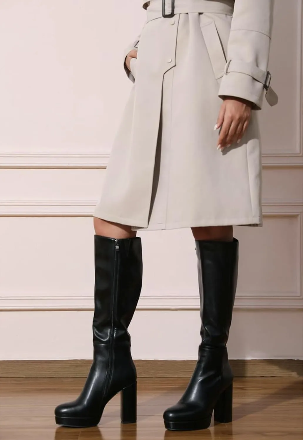 Platform Knee High Boots for Women with Chunky Heel Round Toe Side Zipper