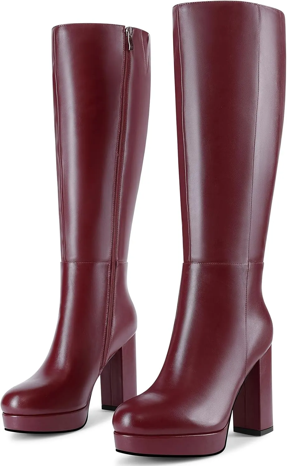 Platform Knee High Boots for Women with Chunky Heel Round Toe Side Zipper