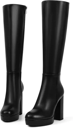 Platform Knee High Boots for Women with Chunky Heel Round Toe Side Zipper