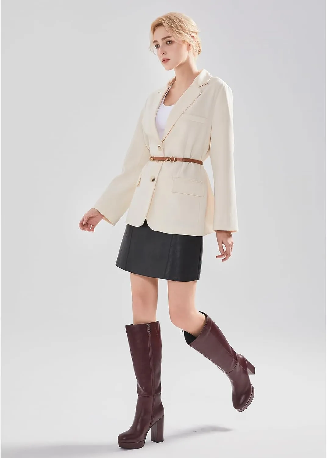 Platform Knee High Boots for Women with Chunky Heel Round Toe Side Zipper
