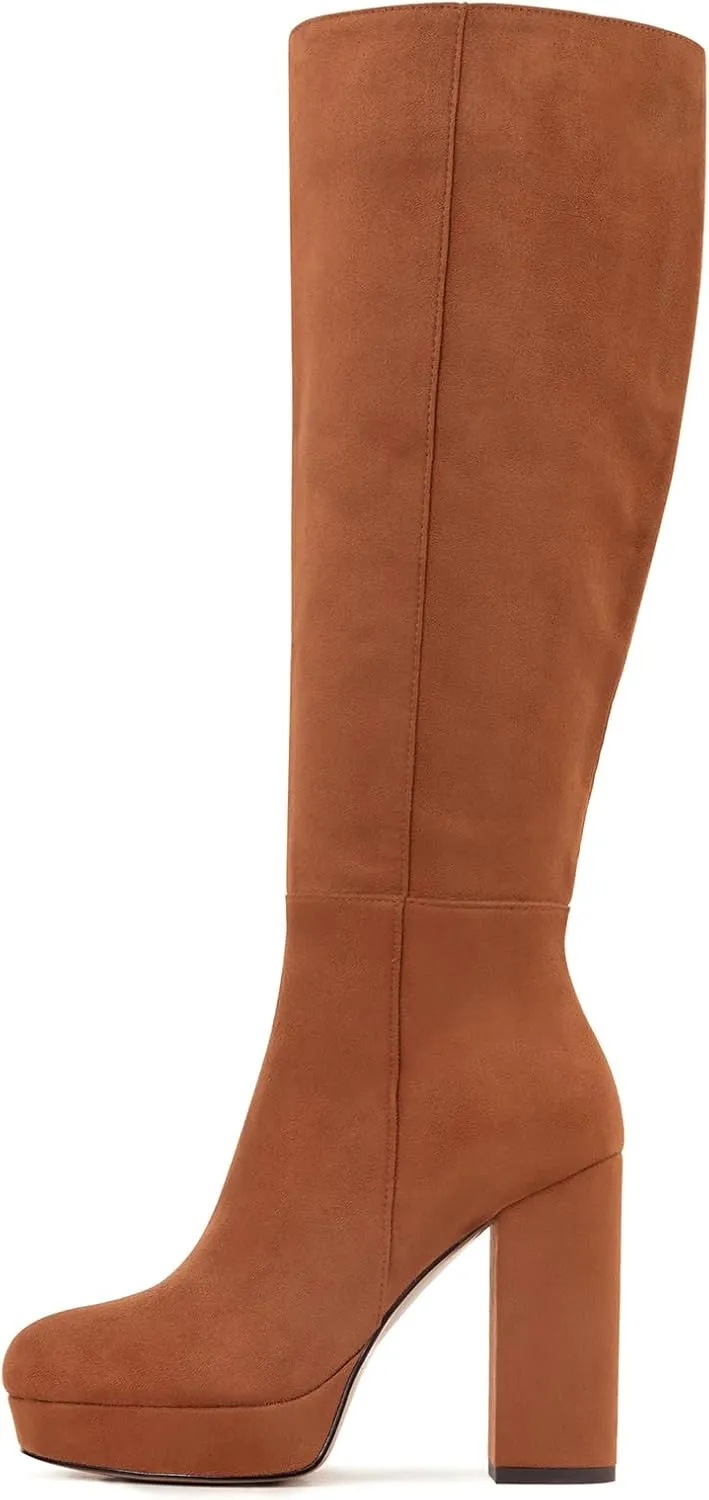 Platform Knee High Boots for Women with Chunky Heel Round Toe Side Zipper