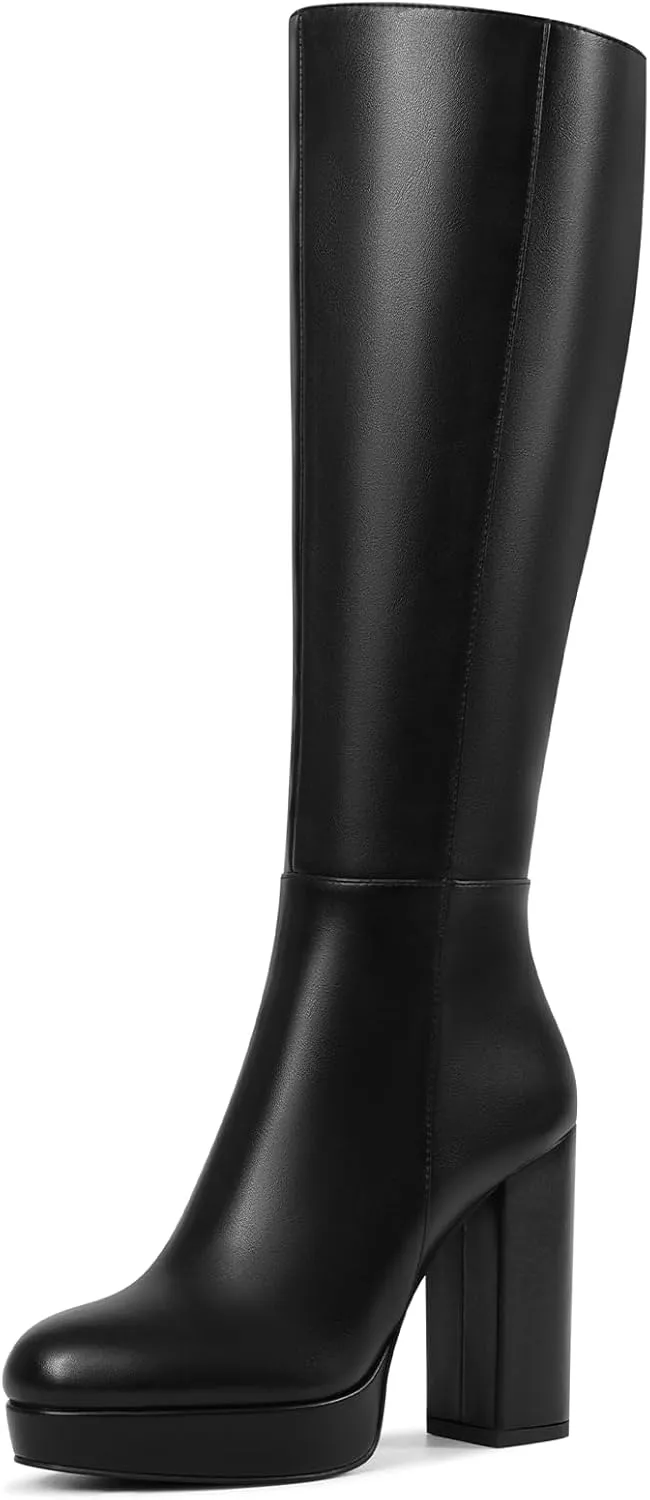 Platform Knee High Boots for Women with Chunky Heel Round Toe Side Zipper