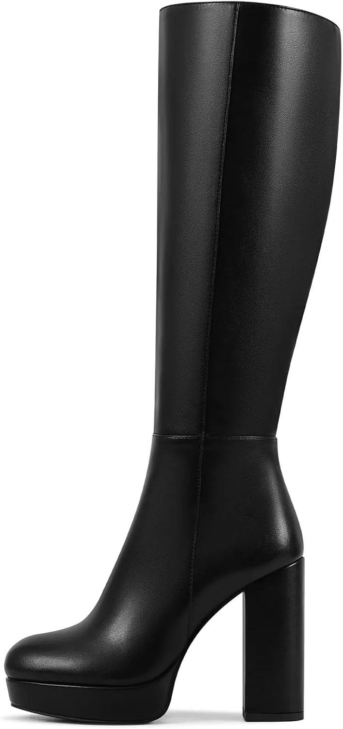 Platform Knee High Boots for Women with Chunky Heel Round Toe Side Zipper