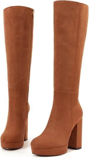Platform Knee High Boots for Women with Chunky Heel Round Toe Side Zipper