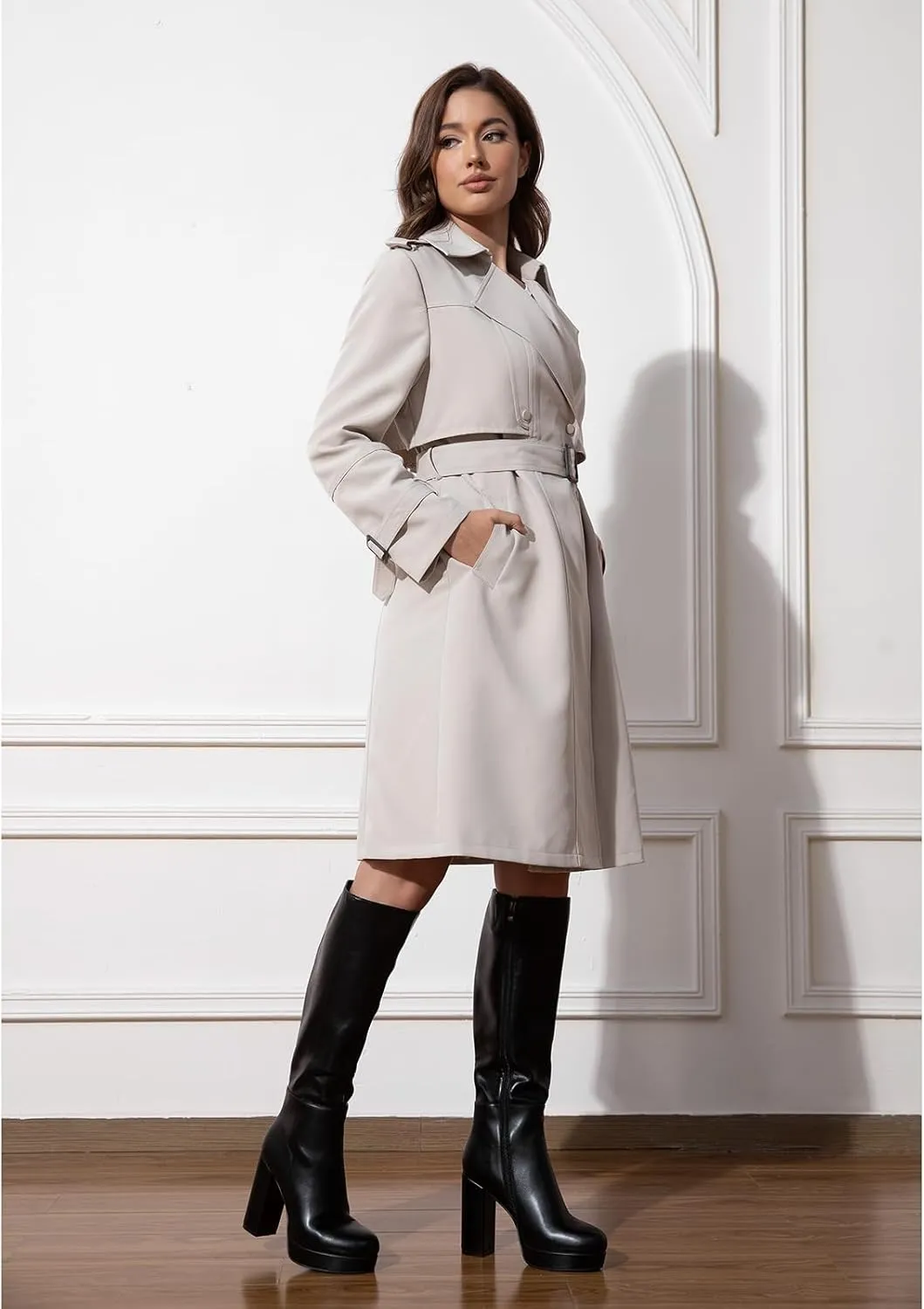 Platform Knee High Boots for Women with Chunky Heel Round Toe Side Zipper