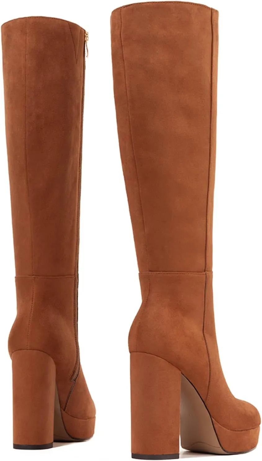 Platform Knee High Boots for Women with Chunky Heel Round Toe Side Zipper