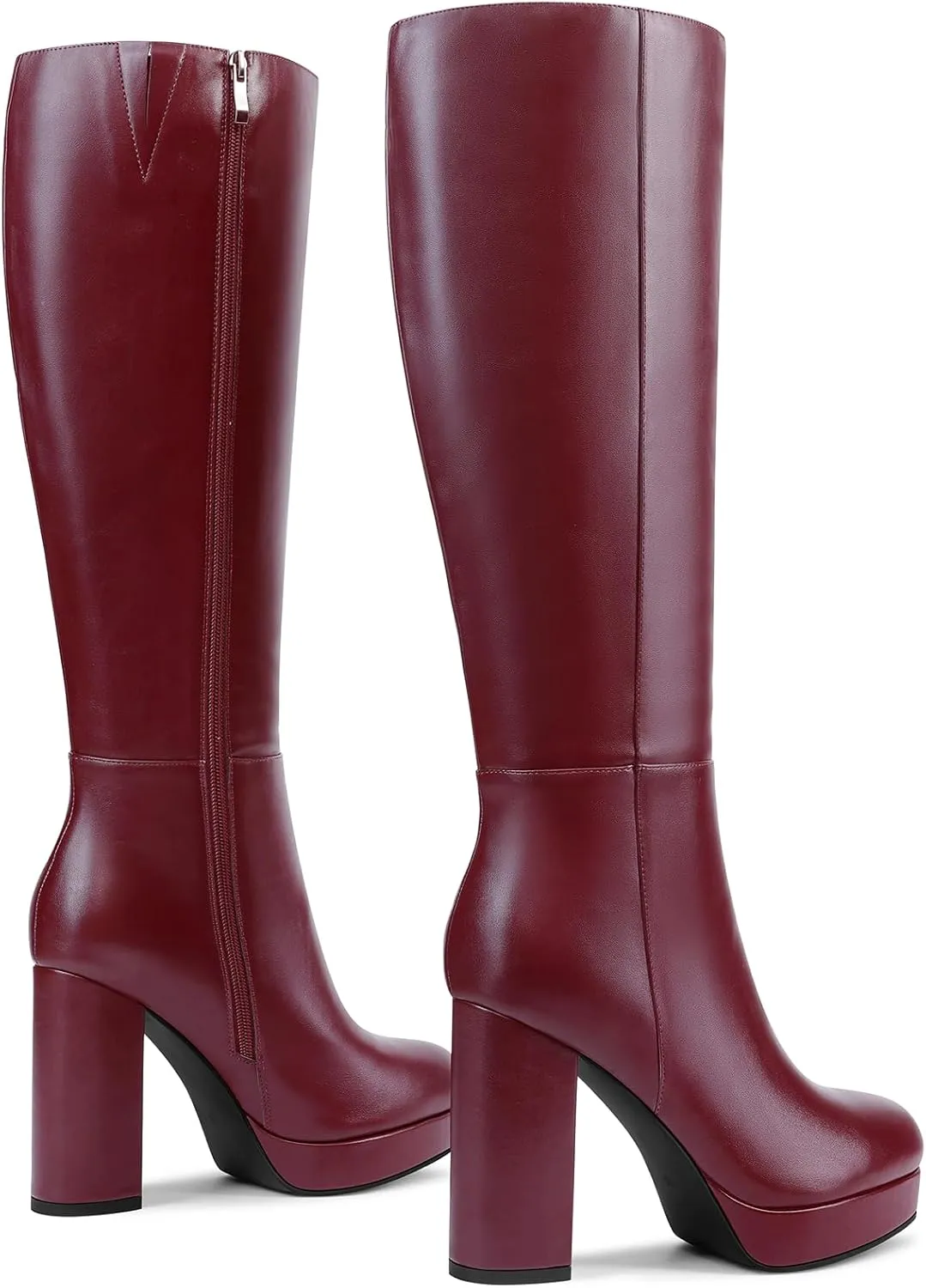 Platform Knee High Boots for Women with Chunky Heel Round Toe Side Zipper