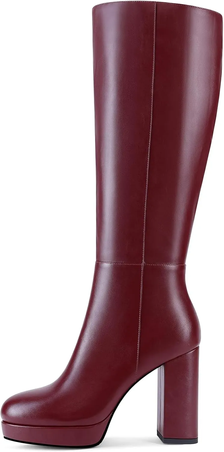 Platform Knee High Boots for Women with Chunky Heel Round Toe Side Zipper