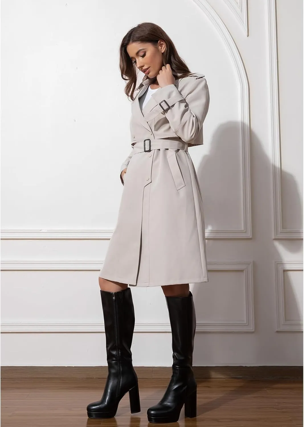 Platform Knee High Boots for Women with Chunky Heel Round Toe Side Zipper
