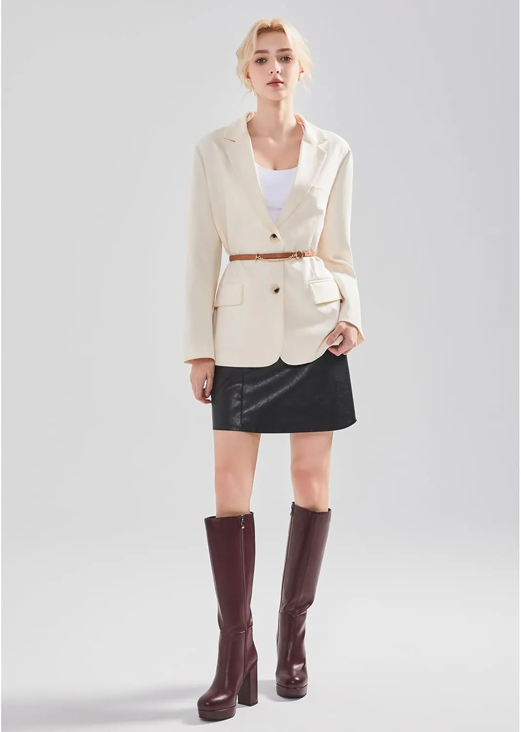 Platform Knee High Boots for Women with Chunky Heel Round Toe Side Zipper