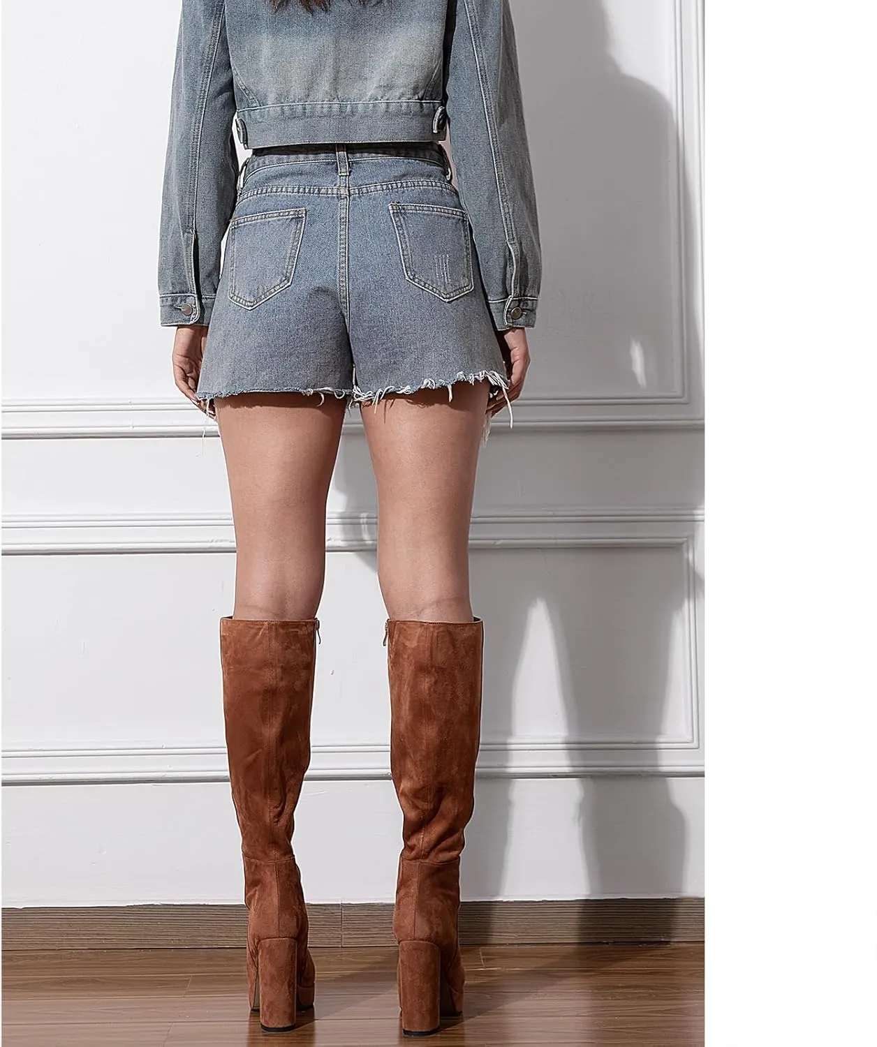 Platform Knee High Boots for Women with Chunky Heel Round Toe Side Zipper