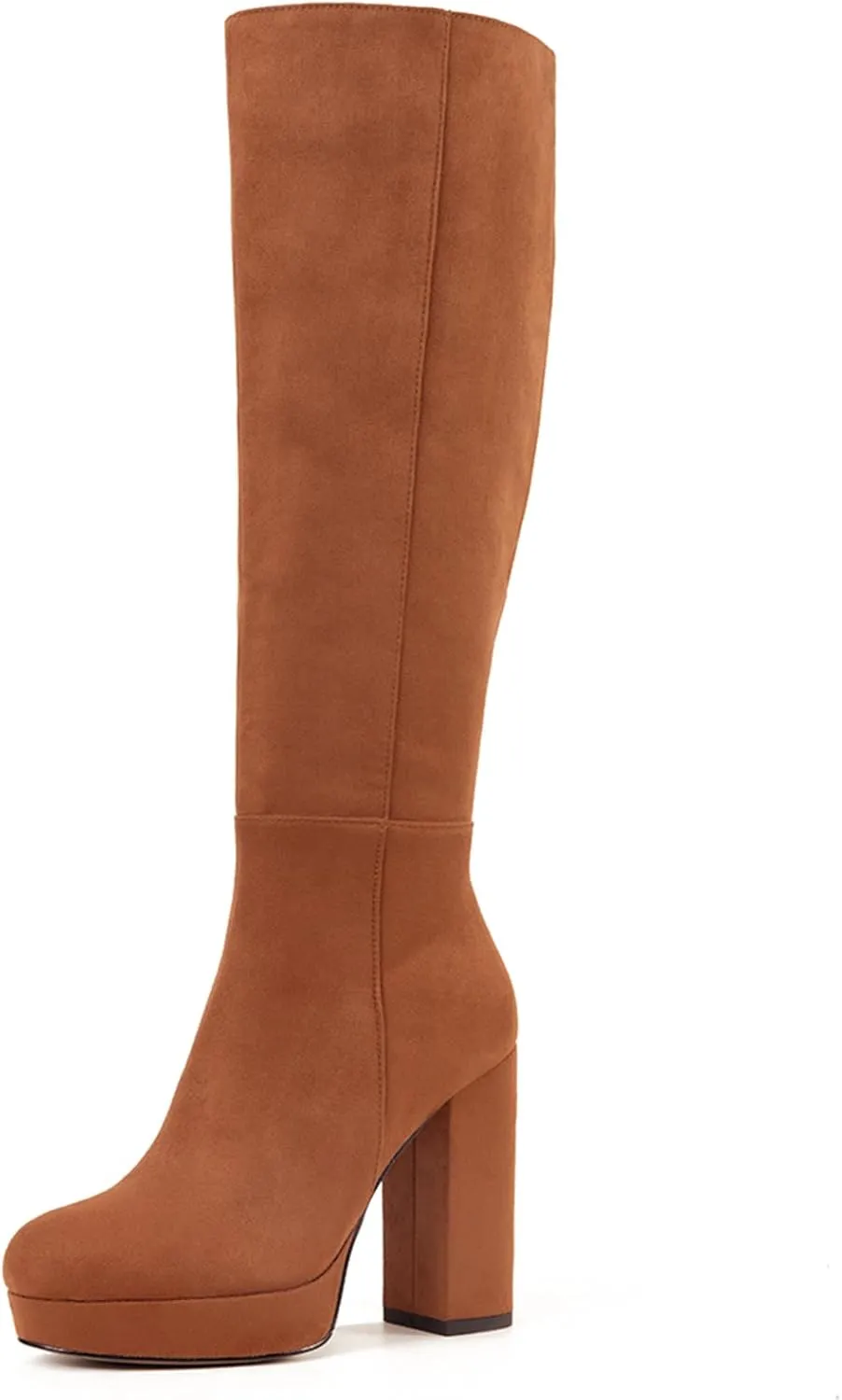 Platform Knee High Boots for Women with Chunky Heel Round Toe Side Zipper