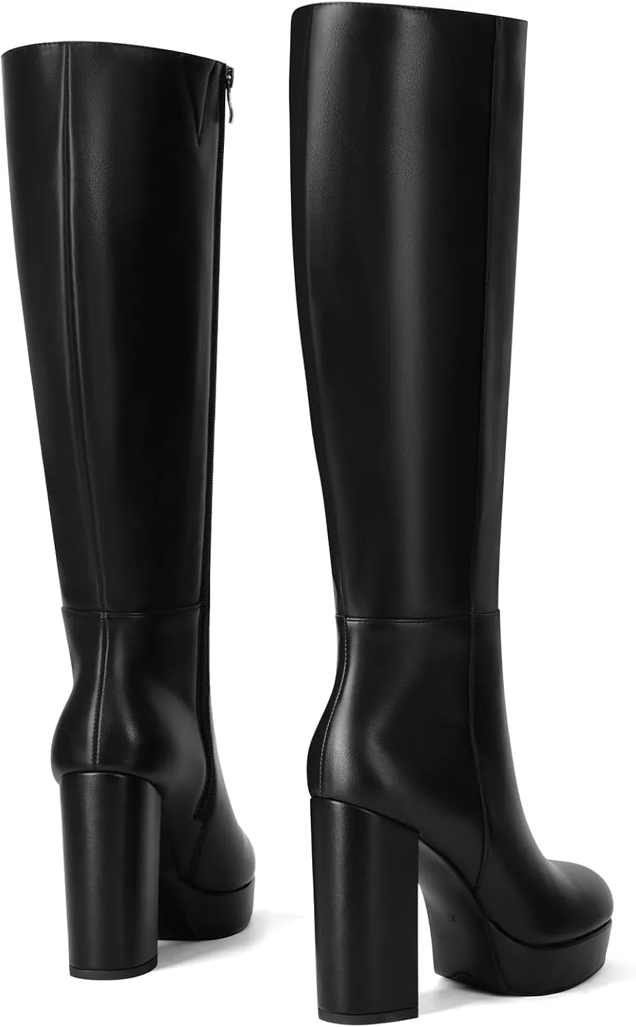 Platform Knee High Boots for Women with Chunky Heel Round Toe Side Zipper