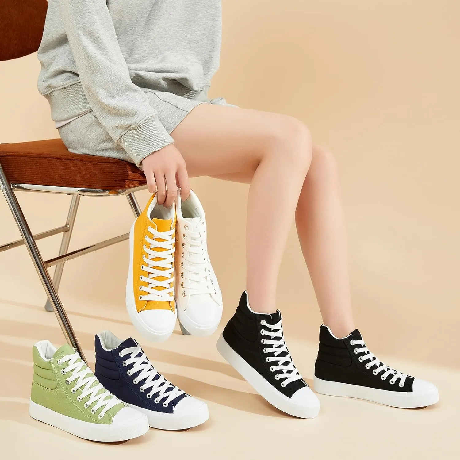 POVOGER High Top Sneakers for Women White Womens High Tops Canvas Shoes Black Fashion Sneakers Casual Lace up Tennis Shoes