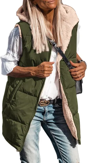 PRETTYGARDEN Womens 2025 Fall Reversible Vests Sleeveless Fleece Jacket Zip Up Hoodie Pockets Long Warm Winter Coat Outerwear