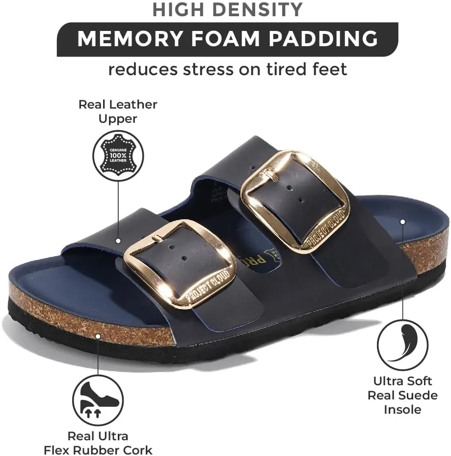Project Cloud Genuine Leather Flat Sandals Comfortable Beach Essentials Womens Sandals Memory Foam Vacation Essentials Slides for Women Footwear (Santorini)