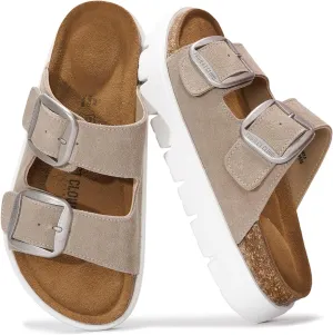 Project Cloud Genuine Leather Platform Sandals Women Footwear - Wedge Chunky Sandals Womens sandals with Memory Foam Insole and Cork Footbed (GREECECHUNKY, BEIGESU, 7)