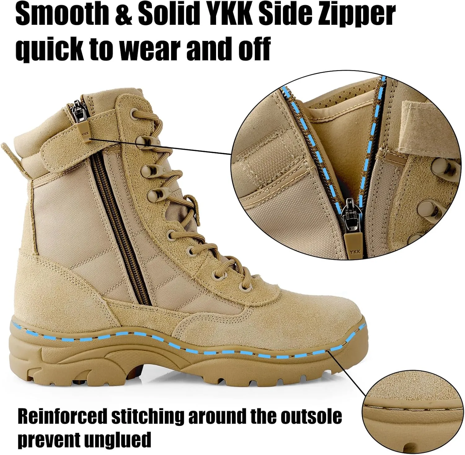 QUNLON Men's Tactical Military Boots Side Zipper Lightweight 8'' Army Combat Motorcycle Boots for Duty Work
