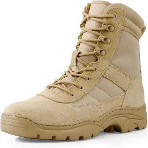 QUNLON Men's Tactical Military Boots Side Zipper Lightweight 8'' Army Combat Motorcycle Boots for Duty Work