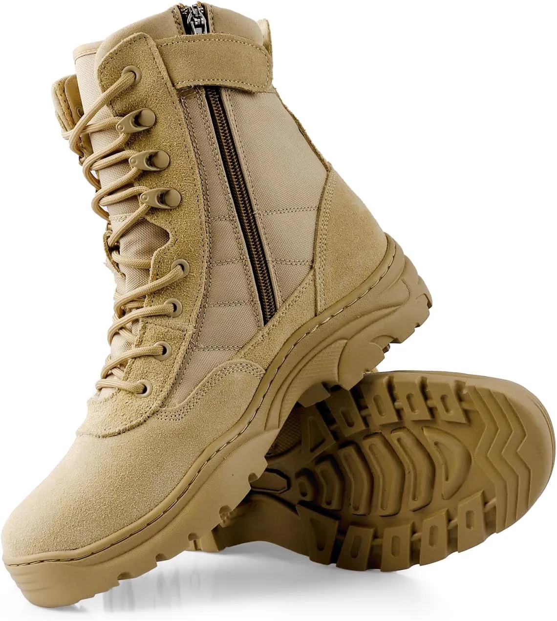 QUNLON Men's Tactical Military Boots Side Zipper Lightweight 8'' Army Combat Motorcycle Boots for Duty Work