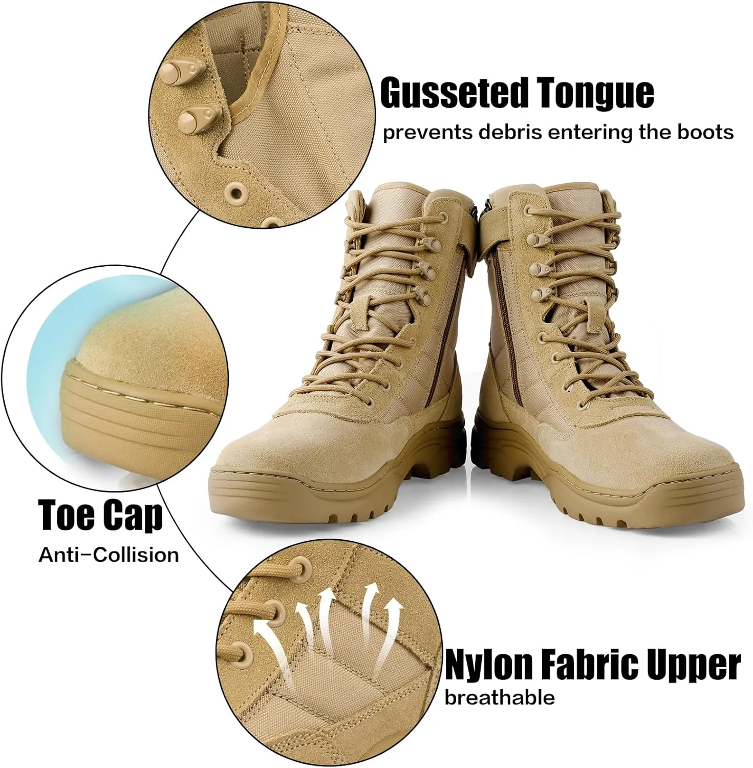 QUNLON Men's Tactical Military Boots Side Zipper Lightweight 8'' Army Combat Motorcycle Boots for Duty Work