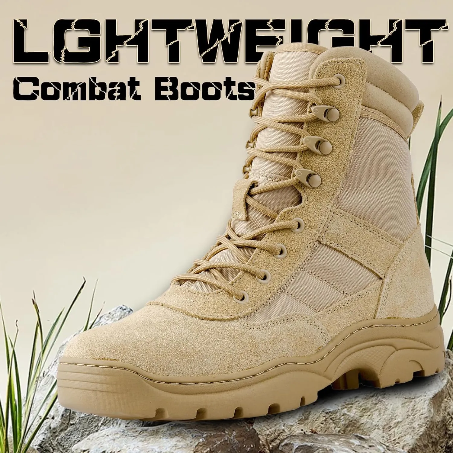 QUNLON Men's Tactical Military Boots Side Zipper Lightweight 8'' Army Combat Motorcycle Boots for Duty Work