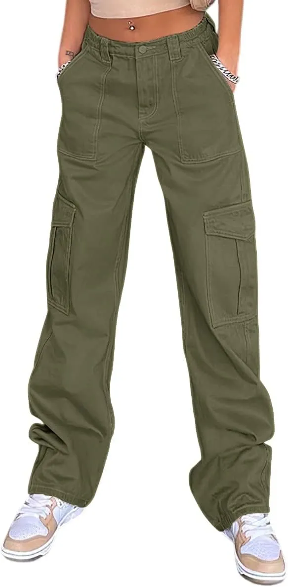 QYANGG High Waist Stretch Cargo Pants Women Baggy Multiple Pockets Relaxed Fit Straight Wide Leg Y2K Pants