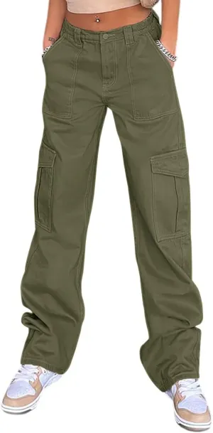 QYANGG High Waist Stretch Cargo Pants Women Baggy Multiple Pockets Relaxed Fit Straight Wide Leg Y2K Pants