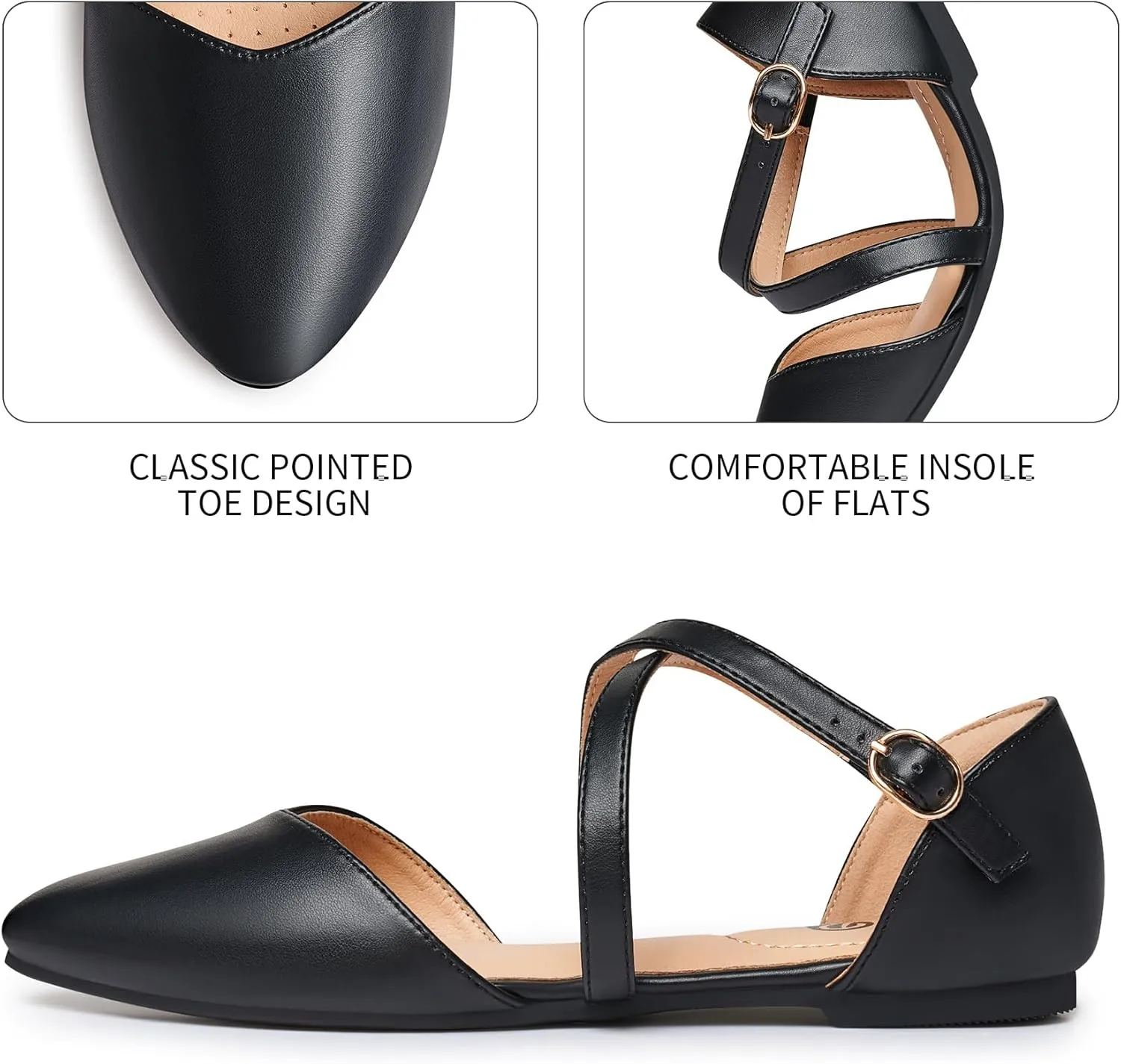 Rekayla Women's Flats Ankle Strap Ballet Flats Dressy Comfortable Women Shoes Criss-Cross Pointed Closed Toe Flats for Women Adjustable Buckle Fashion Cute Dress Flats for Work Wedding Office Casual