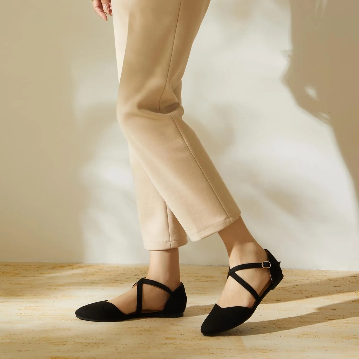 Rekayla Women's Flats Ankle Strap Ballet Flats Dressy Comfortable Women Shoes Criss-Cross Pointed Closed Toe Flats for Women Adjustable Buckle Fashion Cute Dress Flats for Work Wedding Office Casual