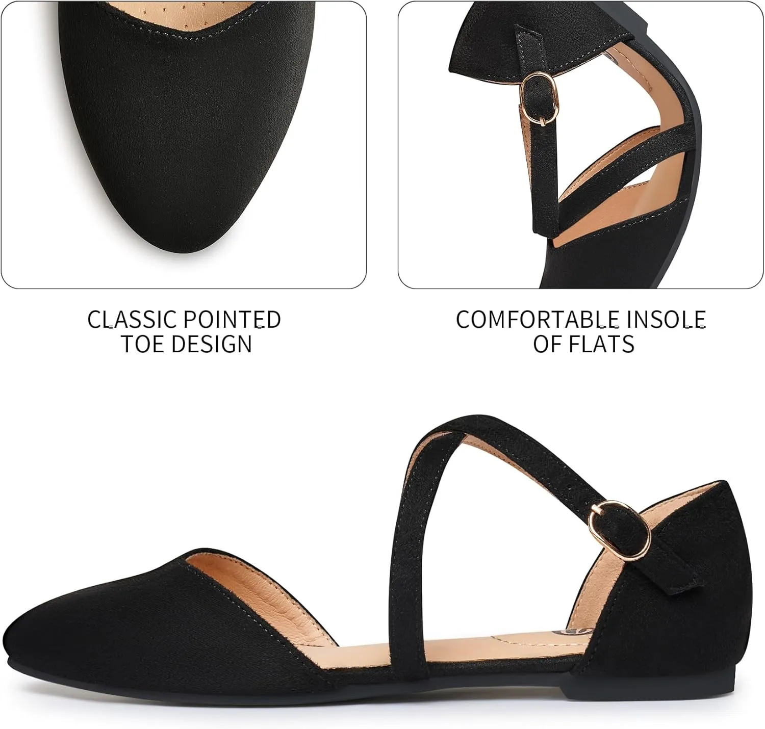 Rekayla Women's Flats Ankle Strap Ballet Flats Dressy Comfortable Women Shoes Criss-Cross Pointed Closed Toe Flats for Women Adjustable Buckle Fashion Cute Dress Flats for Work Wedding Office Casual
