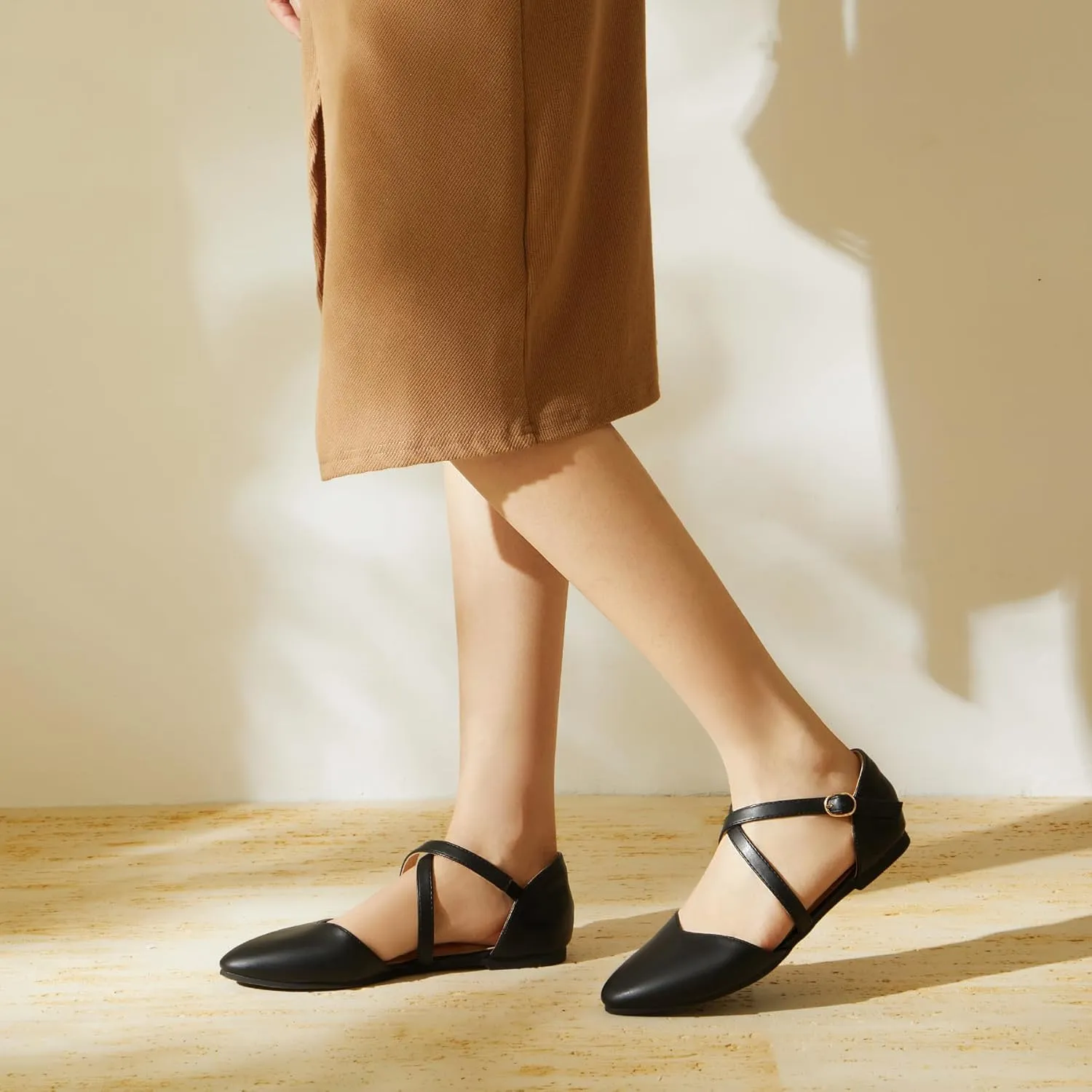 Rekayla Women's Flats Ankle Strap Ballet Flats Dressy Comfortable Women Shoes Criss-Cross Pointed Closed Toe Flats for Women Adjustable Buckle Fashion Cute Dress Flats for Work Wedding Office Casual