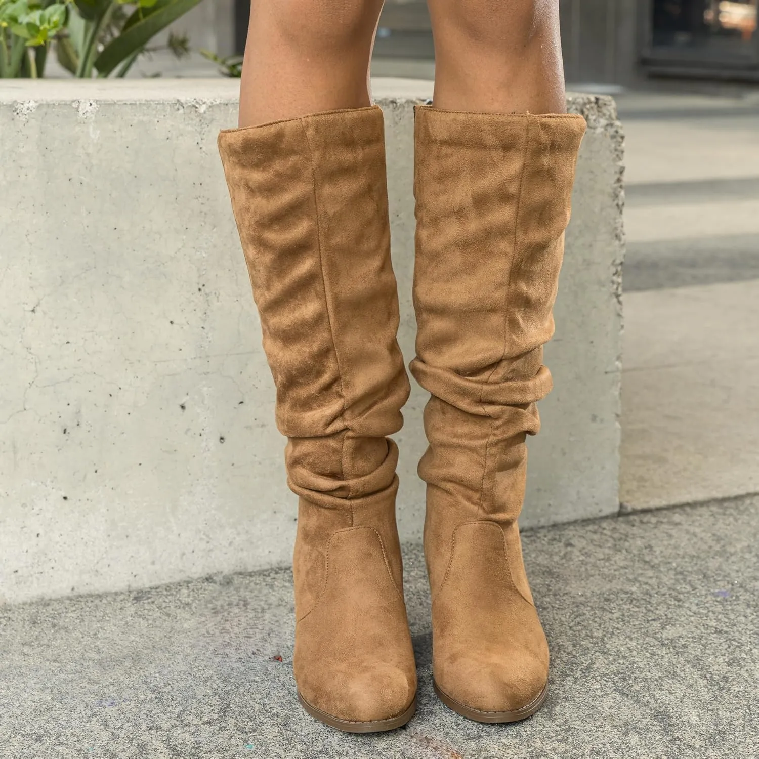 RF ROOM OF FASHION Women's Stacked Heel Slouchy Knee High Boots (Regular Fit)