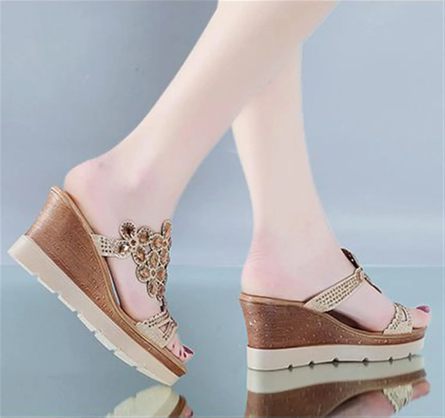 Rhinestone Peacock Patterned Handmade Sandals for Women's Crystal Platform Wedge Dress Slippers Fashion Open Toe Slip on Party Beach Shoe